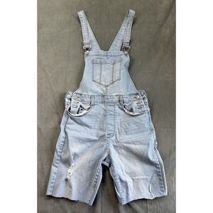 Forever 21 Light Wash Blue Denim Overalls Cutoff Shorts Womens 28 Raw Hem Cute